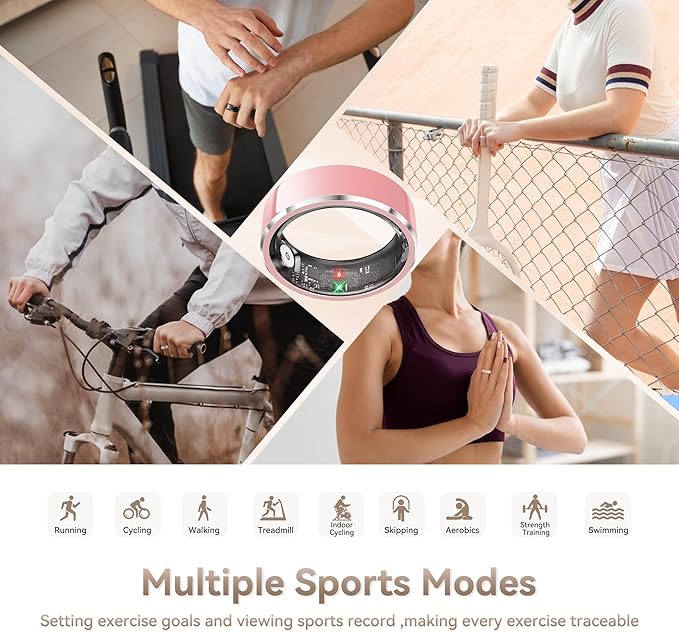 Smart Ring for Women,Fitness & Activity Tracker with Blood Oxygen/Heart Rate Monitor, Sleep Tracker, Step Counter, IP68 Waterproof Ring for iOS&Android, Fast Charge, No Subscription (Pink, Size9）