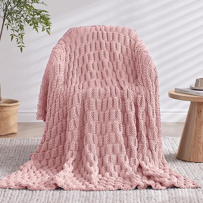 Knitted Weighted Blanket Adult, No Beads Heavy Blanket 70” x 90'' 20lbs, Breathable Chunky Knit Blanket, Cooling Weighted Blanket for Hot Sleepers, Christmas Home Decor (HoneyPink)