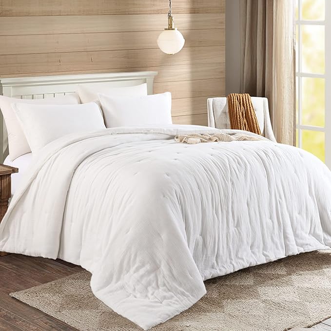 Hombys 100% Cotton Muslin Oversized King 120x120, Lightweight and Breathable Down Alternative, Soft Gauze Summer Bed Comforter, Off White Reversible Fluffy Duvet Insert