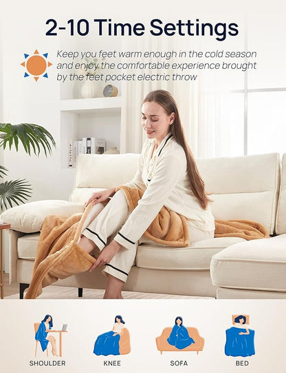 Westinghouse Electric Blanket with Foot Pocket for Adults, Ultra Soft Flannel to Sherpa Heated Throw with 6 Heating Levels & 2-10 Hours Time Settings, Fast Heating & Machine Washable, 50x62, Brown
