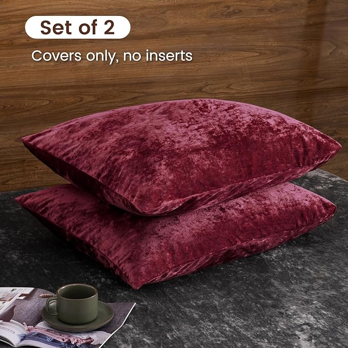 PHF Truly Velvet Pillowcases Standard Size, No Insert, 2 Pack Ultra Soft Breathable Pillow Shams Covers with Envelope Closure, 20" X 26" Luxury Cozy Warm Fuzzy Flannel, Wine Red