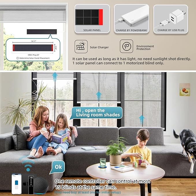SmartWings Motorized Light Filtering Shades, 50% Blackout PVC Free Smart Blinds, Custom Size, Rechargeable Battery, Works with Matter/Apple HomeKit, Alexa, Thread/Zigbee, Remote Optional, 50% Silver