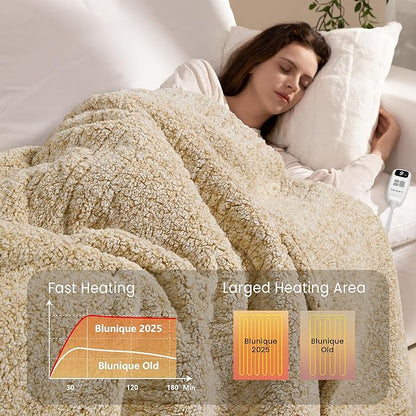 Heated Blanket Electric Blanket Throw - Fast Heating Blanket Throw Double Sided Sherpa Ultra Soft Cozy with 10 Heating Levels & 2-10 Hours Auto Off, Mashine Washable, 50 x 60 Inches, Camel