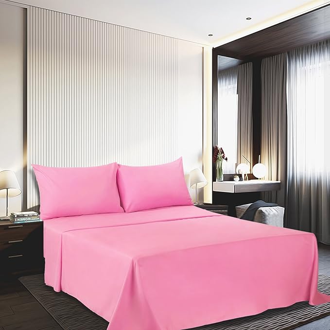 4 Piece Bed Sheet Set (Queen,Peach Pink) 1 Flat Sheet,1 Fitted Sheet and 2 Pillow Cases,Brushed Microfiber Luxury Bedding with Deep Pockets