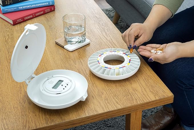 e-Pill MedTime Station Automatic Pill Dispenser – Locked Medication Reminder with Tipper Base & 6 Alarms, White Cover – Pill Organizer for Seniors & Caregivers