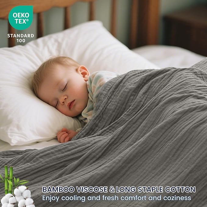 PHF Cooling Muslin Throw Blanket for Hot Sleepers, 60% Rayon Derived from Bamboo, 40% Cotton for Summer, 4-Layer Breathable Gauze Blanket for Bed Couch, 50"x60", Grey