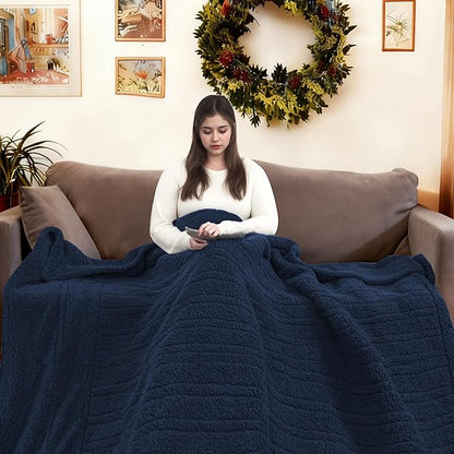 Electric Heated Blanket Throw Size 50"×60" with 9 Heating Levels 1-10 Hs auto Off, Heating Throw Double Sided Sherpa, Energy Efficient, Machine Washable, for Sofa & Office, Dark Blue