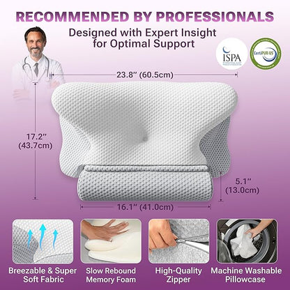 Cervical Neck Pillow for Sleeping, Dreamers Relief Pillow, Side Sleeper Pillow for Adults, Adjustable Height Memory Foam Pillow and Detachable Roll, Back & Stomach Sleeping Neck Pain Relief (White)