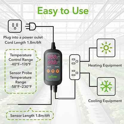 BN-LINK Smart WiFi Digital Temperature Controller Heating Cooling, Works with Alexa and Google Home. For Reptiles Aquarium Carboy Homebrew Breeding Fermenter Seed Germination °C/°F -40-176°F 15A/1875W