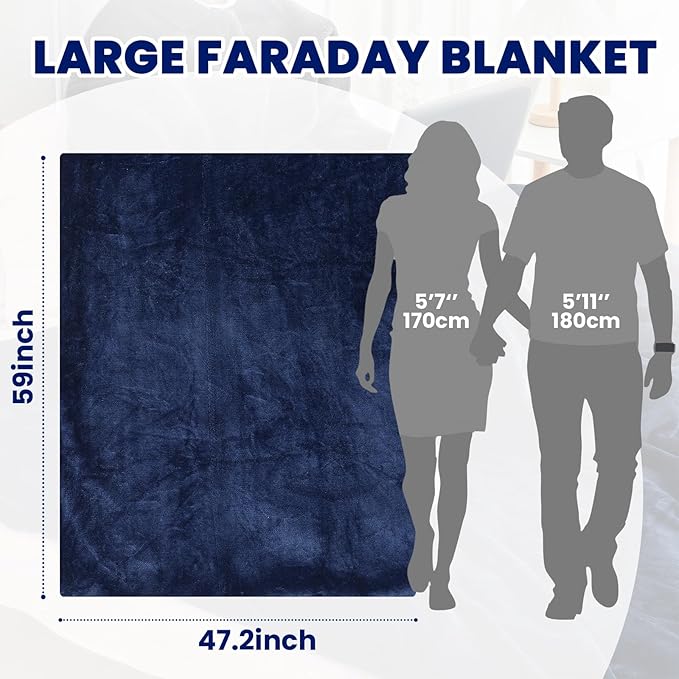 Preboun 59.06 x 47.24 Inch Large Faraday Blanket for Protection Pregnant Babies, Emf Blocker Blanket for 5 g, Bluetooth, Phone Towers, Two Sides Using for Beds Couches Travel (Flannel, Dark Blue)