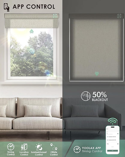 Yoolax Motorized Blinds with Remote, Light Filtering Smart Blinds Compatible with Alexa Google Home, Automatic Shades for Windows Living Room, Custom Size (50% Blackout V-Jungle Linen)