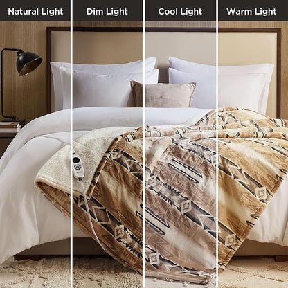 Woolrich Heated Throw Blanket with Ultra Soft Plush and Sherpa Reverse, 12 Heat Settings, Auto Shut-Off, Boho Farmhouse & English Country Gift Throw – Aztec Pattern, 50"x60"