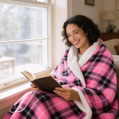 Electric Heated Blanket 90"x100",Fast Heating King with 8 Hours Auto Off/8 Heats Levels,Soft Pink Plaid Sherpa Electric Blanket with ETL Certification & Over-Heat Protection