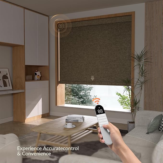 Boolegon Motorized Roller Blinds with Remote Control, Blackout Linen Fabric-Matched Automatic Roller Shades for Windows, Rechargeable Electric Window Shades for Home, Office, Brown, Custom Now