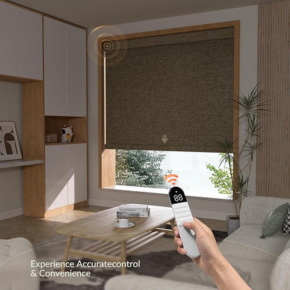 Boolegon Motorized Roller Blinds with Remote Control, Blackout Linen Fabric-Matched Automatic Roller Shades for Windows, Rechargeable Electric Window Shades for Home, Office, Brown, Custom Now