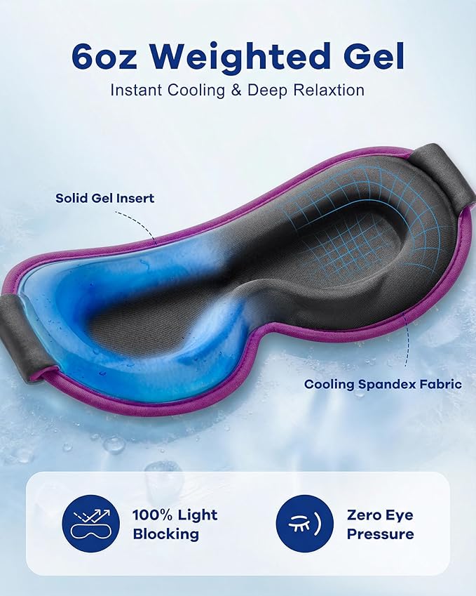 6oz Weighted Cooling Gel Sleep Mask for Senior Relaxation, 3D Blackout Eye Mask for Seniors Adults & Light Sleepers, Gentle Chill, Eyelash Friendly, Adjustable Strap, Travel Bag (Purple)