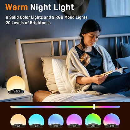 Wake Up Light Sunrise Alarm Clock for Kids, Heavy Sleepers, Bedroom, White Noise Sound Machine with 5W Stereo Bluetooth Speaker, 25 Natural Sounds, Dual Alarms, 17 Color Night Lights, Ideal for Gift