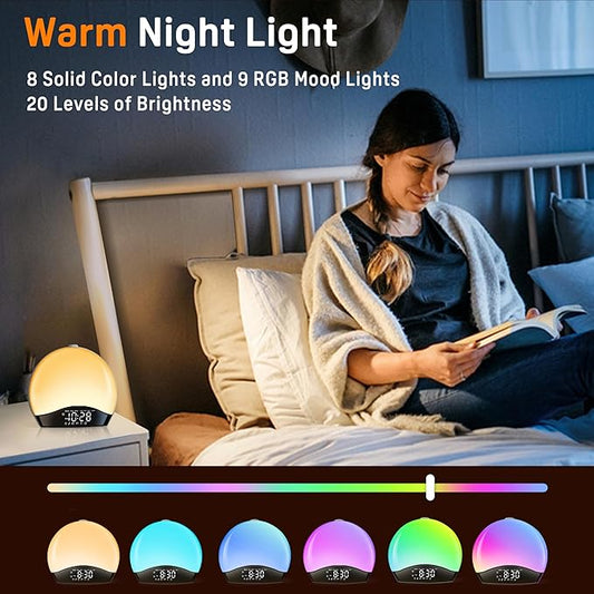 Wake Up Light Sunrise Alarm Clock for Kids, Heavy Sleepers, Bedroom, White Noise Sound Machine with 5W Stereo Bluetooth Speaker, 25 Natural Sounds, Dual Alarms, 17 Color Night Lights, Ideal for Gift