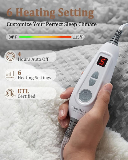 CAROMIO Heated Blanket Throw, Waffle Weave Electric Throw Blanket Fast Heating with LCD Controller, 6 Heat Levels & 4 Hour Auto Shut Off, ETL Certified, Machine Washable, Grey, 50" x 60"