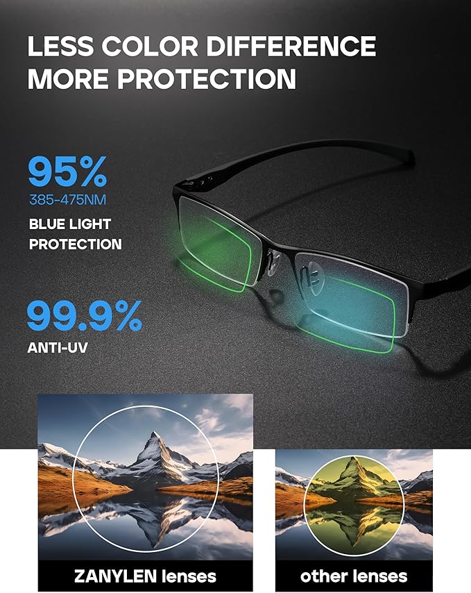 Blue Light Glasses for Men Semi Rimless Rectangular Computer Glasses Blue Blocker Anti Glare UV400 Protection Gaming Eyeglasses (Comfortable Black Metal Eyeglasses)