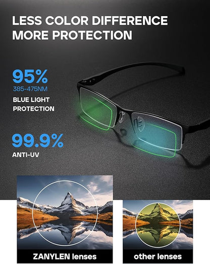 Blue Light Glasses for Men Semi Rimless Rectangular Computer Glasses Blue Blocker Anti Glare UV400 Protection Gaming Eyeglasses (Comfortable Black Metal Eyeglasses)