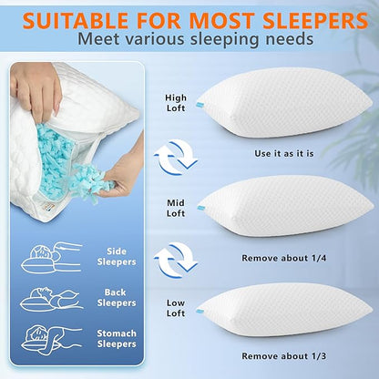 Cooling Pillows King Size Set of 2, Memory Foam Pillows with Zipper, Firm Bed Pillows Adjustable for Hot Side Back Stomach Sleepers