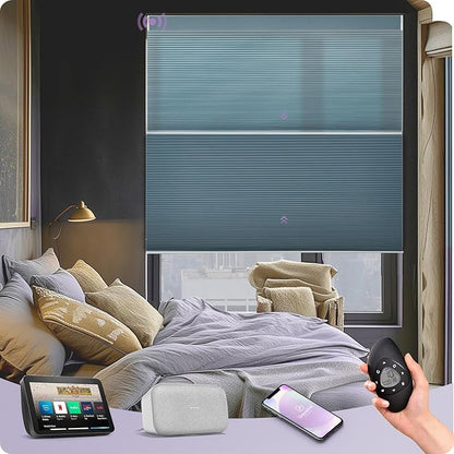 Graywind Motorized Day Night Cellular Shades with Remote, Smart Honeycomb Blinds Compatible with Alexa & Google Home, Custom Size Blackout/Privacy for Bedroom, Living Room & Home Office, Blue
