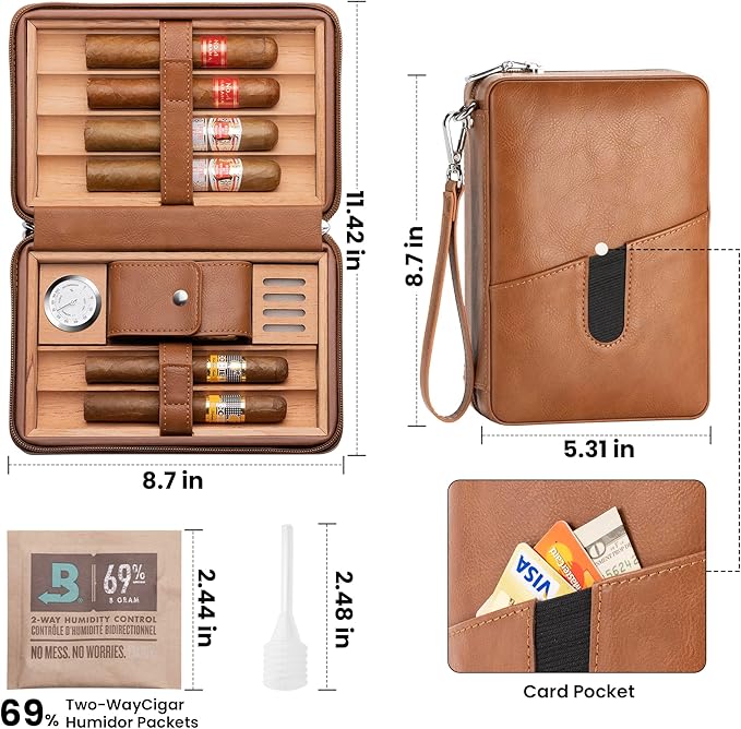 Cigar Humidor Box, Cedar Wood Lined Leather Cigar Case Build in Hygrometer and Humidifier, Travel Cigar humidor kit, Cigar Accessories Set for Man.