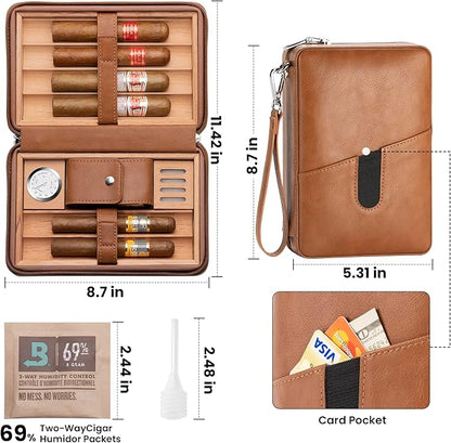 Cigar Humidor Box, Cedar Wood Lined Leather Cigar Case Build in Hygrometer and Humidifier, Travel Cigar humidor kit, Cigar Accessories Set for Man.