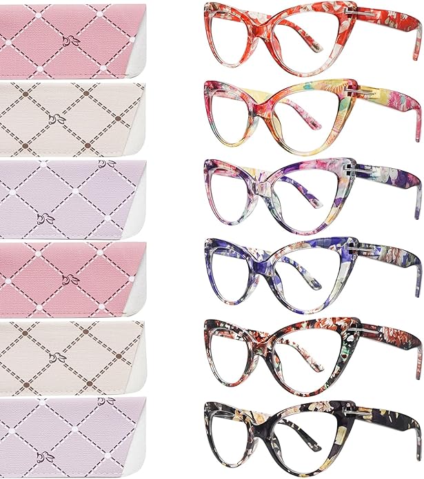 6 Pack Fashion Cat Eye Reading Glasses for Women Blue Light Blocking Oversized Spring Hinges Computer Readers