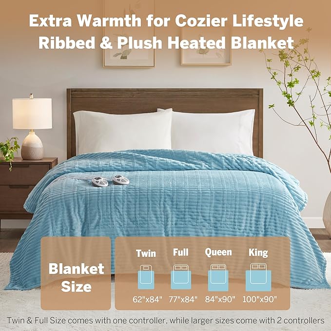 Serta Electric Blanket, Soft, Ribbed, Plush Heating Blanket Queen for Office, Couch, 1-12 hr Auto Shut Off Timer, 10 Lv Heating, ETL Certified, Queen 84"x90" Sky Blue