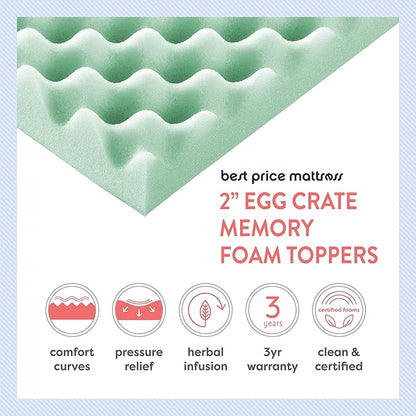 Best Price Mattress 2 Inch Egg Crate Memory Foam Mattress Topper with Calming Aloe Infusion, CertiPUR-US Certified, Twin