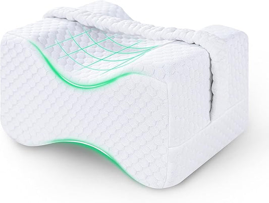Knee Pillow for Side Sleepers - Between Legs Pillow for Side Sleeping, Back & Sciatica Pain Relief, Joints & Hip, Charcoal Memory Foam Leg Cushion, with Straps & Removable Cover (White)