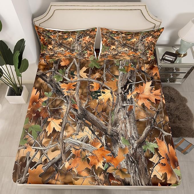 Camoflage Kids Fitted Sheet Queen Size,Jungle Tree Woods Fall Leaves Rustic Cabin Bedding Set,Boys Girls Room Decor,Hunting Adventure Nature Bed Cover,Brown Bed Sheet,2 Pillowcases(No Top Sheet)