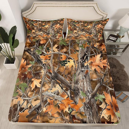 Camoflage Kids Fitted Sheet Full Size,Jungle Tree Woods Fall Leaves Rustic Cabin Bedding Set,Boys Girls Room Decor,Hunting Adventure Nature Bed Cover,Brown Bed Sheet,2 Pillowcases(No Top Sheet)