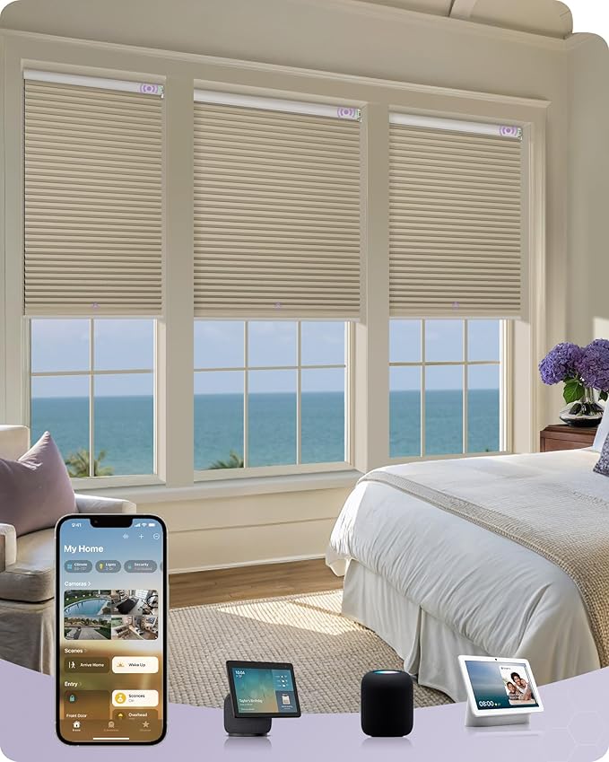Graywind Motorized Matter Cellular Shades- 100% Blackout 1-3/4"Cell Honeycomb Blinds for Indoor Windows, Compatible with Alexa Google Siri, Custom Size,Beige