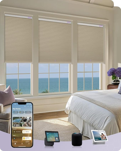 Graywind Motorized Matter Cellular Shades- 100% Blackout 1-3/4"Cell Honeycomb Blinds for Indoor Windows, Compatible with Alexa Google Siri, Custom Size,Beige