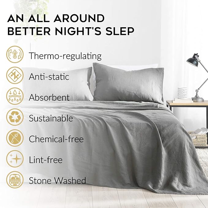 YnM French Linen Sheet Set - 4-Piece Set Includes Flat Sheet, Fitted Sheet, and 2 Pillowcases – California King, Dark Grey