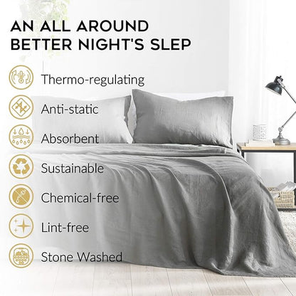 YnM French Linen Sheet Set - 4-Piece Set Includes Flat Sheet, Fitted Sheet, and 2 Pillowcases – California King, Dark Grey