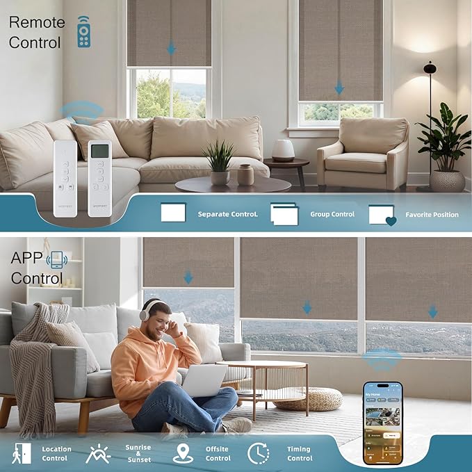 Motorized Blinds Compatible with Alexa,Google Asssitant,Homekit Over Thead,5% Openness Solar Shades for Window, Smart Shades with Remote, APP/Voice Control,Custom Size,Aventus Chocolate