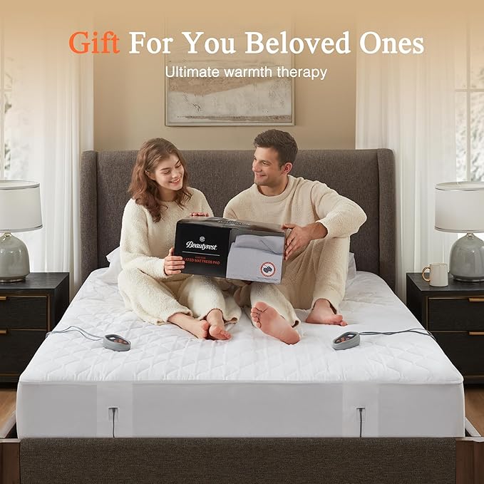 Beautyrest Cotton Heated Mattress Pad - Bed Warmer with 20 Heat Settings Controller, Auto Shut Off Timer, All Around Elastic Deep Pocket, UL Certified, Machine Washable, White Twin XL