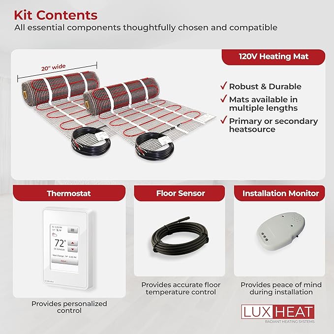 LuxHeat 150sqft Floor Heating Mat Kit - 120v Underfloor Heating System - Electric Radiant Heated Flooring System for Tile & Laminate - Includes UWG4 WiFi Programmable Thermostat w/GFCI, Alarm & Sensor
