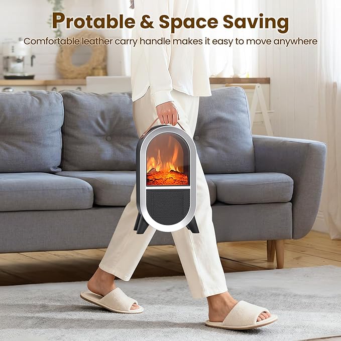Portable Electric Fireplace Heater, 1500W/750W Mini Space Heater for Indoor Use with 3D Flame, Thermostat, Carry Handle, Overheat & Tipover Protection, for Home Office Bedroom Desk, Black
