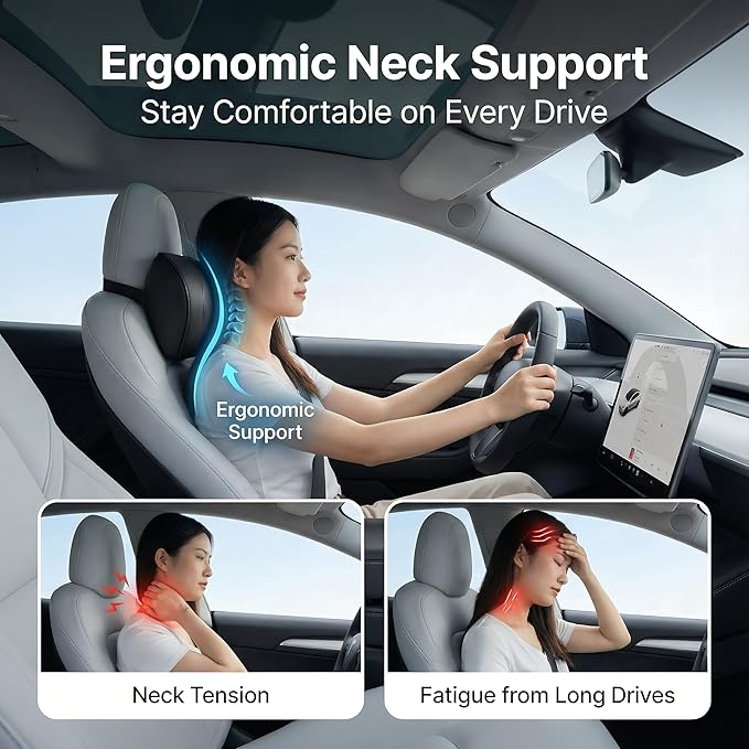 Car Neck Pillow – Premium Memory Foam Headrest with Soft Nappa Leather Feel, Ergonomic Support for Long Drives, Fits Most Vehicles(1, Black)