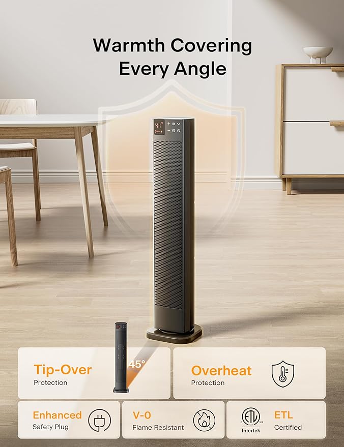 PELONIS 30” Ceramic Tower Space Heater with Adjustable Thermostat for Large Room, 75° Oscillation, Remote Control & 12H Timer, Tip-Over Switch & Overheating Protection, 1500W, PHF15RSAPH30, Black
