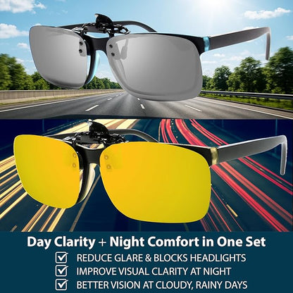 BLUE CUT Clip on Polarized Night vision Glasses Flip up Sunglasses UV-400 to Wear Over prescription Glasses for night driving