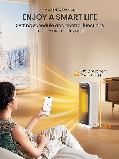 MORENTO Space Heaters for Indoor Use, Electric Portable Heater for Bedroom with Thermostat, WiFi Voice Control, 36dB Quiet 4 Modes 12H Timer, 1500W PTC Ceramic Heater for Office Home 1Pack White