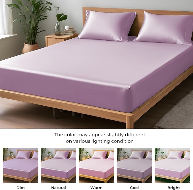 LINENWALAS Fitted Sheet Only Viscose Derived from Bamboo, Bottom Sheet for California King Size Bed – 16” Deep Pocket, Snug Fit – Cooling, Breathable, Soft, Hypoallergenic (Lilac, Cal King)