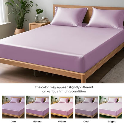 LINENWALAS Fitted Sheet Only Viscose Derived from Bamboo, Bottom Sheet for California King Size Bed – 16” Deep Pocket, Snug Fit – Cooling, Breathable, Soft, Hypoallergenic (Lilac, Cal King)