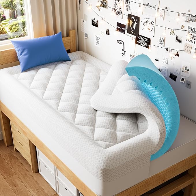 PERLECARE Twin XL Mattress Topper 4 Inch, Plush Support for College Dorm Room Essentials, 2.5 Inch Soft Cooling Gel Memory Foam Plus 1.5 Inch Pillow Top Cover, CertiPUR-US Certified